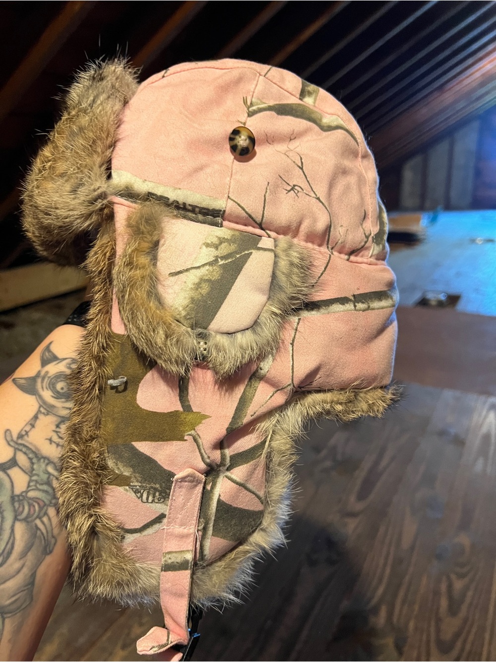 Pink Camo Faux-Fur Trapper Hat with Earflaps